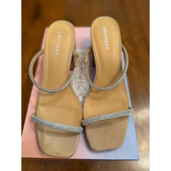 Lisa Vicky Shoes - NWT Lisa Vicky Rhinestone Two Strap Block Heel Sandals Nude Size 8